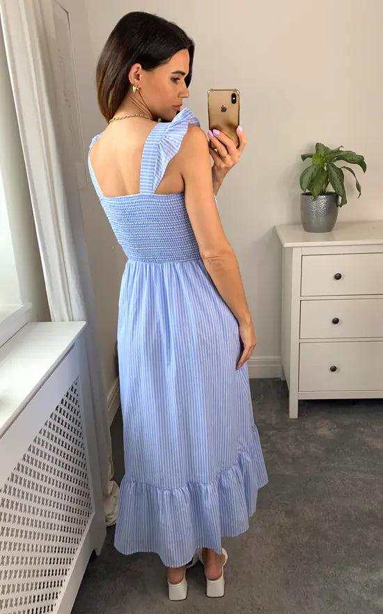 Fever London Shirred Blue Stripe Midi Dress