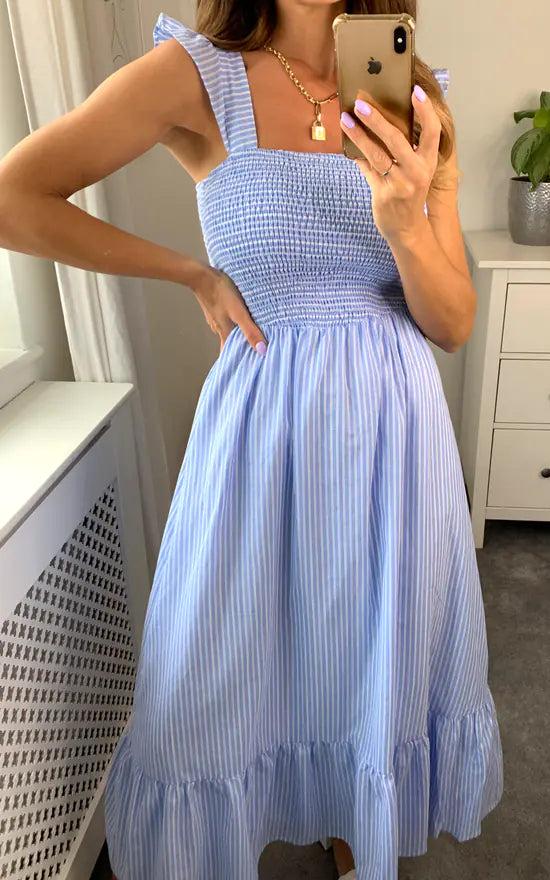 Fever London Shirred Blue Stripe Midi Dress