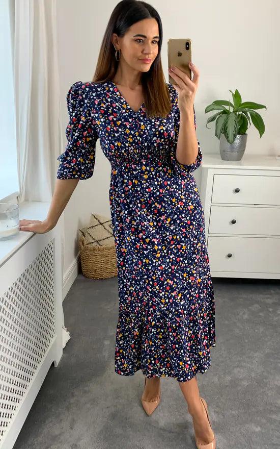 Fever London Heart Shirred Waist Midi Dress Colour Multi