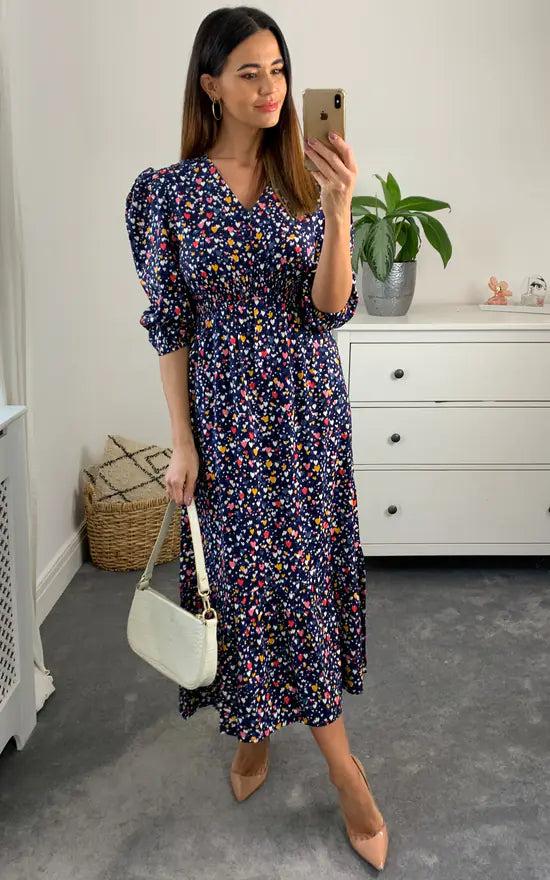 Fever London Heart Shirred Waist Midi Dress Colour Multi