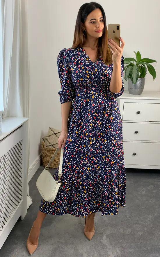 fever london Heart Shirred Waist Midi Dress Colour Multi