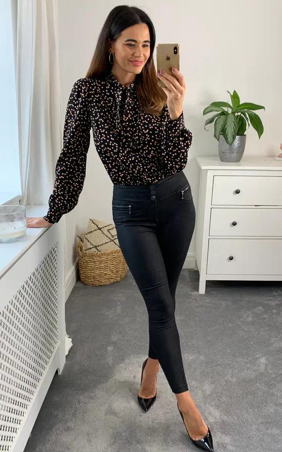 Fever London Holly Pussybow Blouse Colour Black And Peach
