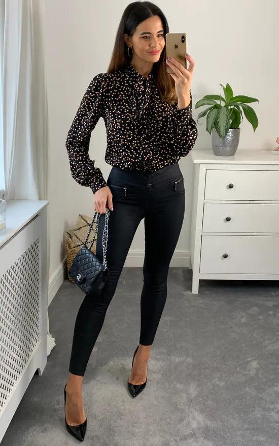 Fever London Holly Pussybow Blouse Colour Black And Peach