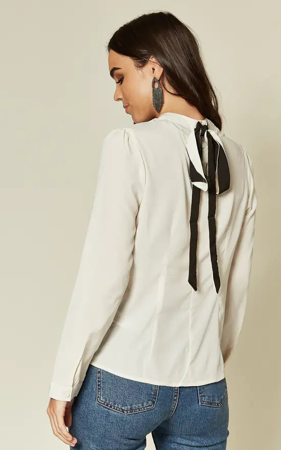 fever london Ivory Blouse With Contrasting Tie Back Detail