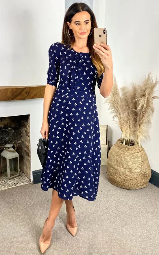 Fever London Louise Printed Button Down Dress With Neck Tie