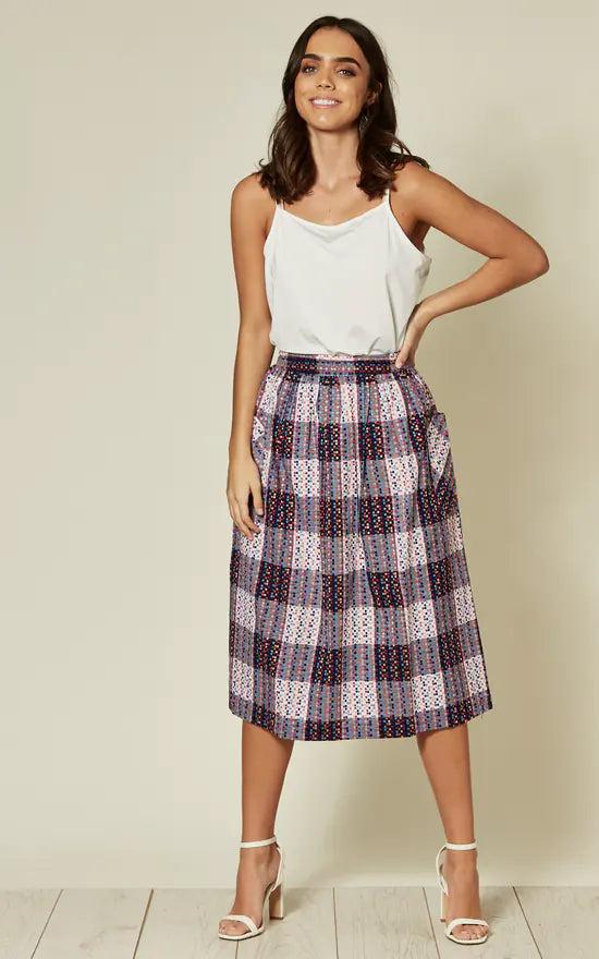 Fever London Mid Skirt In Multi Abstract Check Print