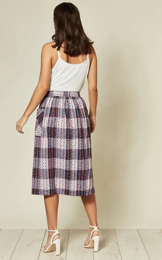 Fever London Mid Skirt In Multi Abstract Check Print