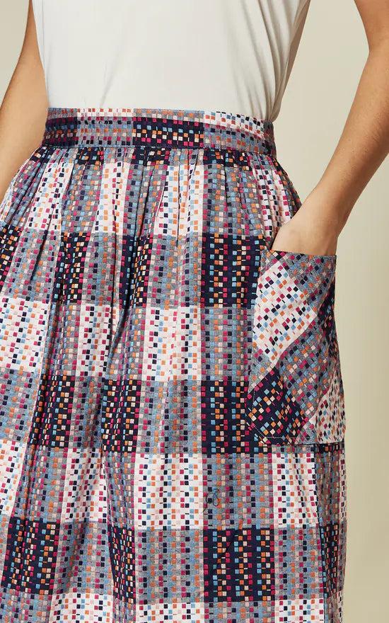 Fever London Mid Skirt In Multi Abstract Check Print