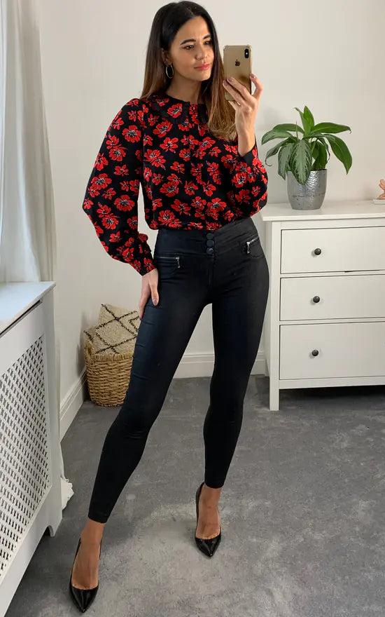 Fever London Millie Frill Collar Shirt Black And Red