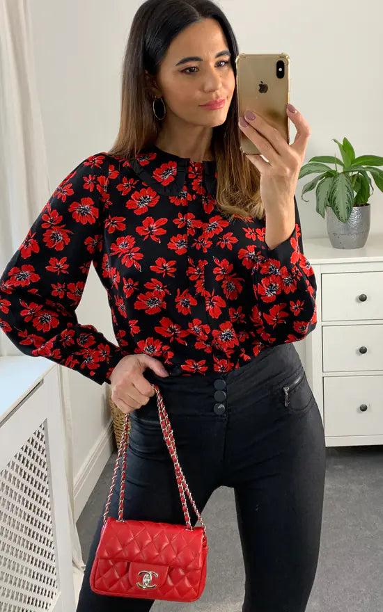fever london Millie Frill Collar Shirt Black And Red