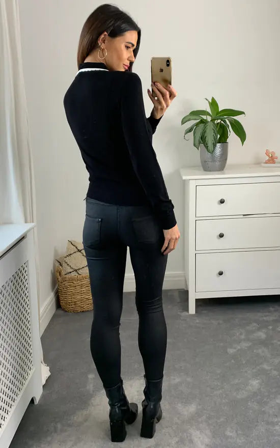 Fever London Muriel Collar Detail Cardigan Colour Black And Cream