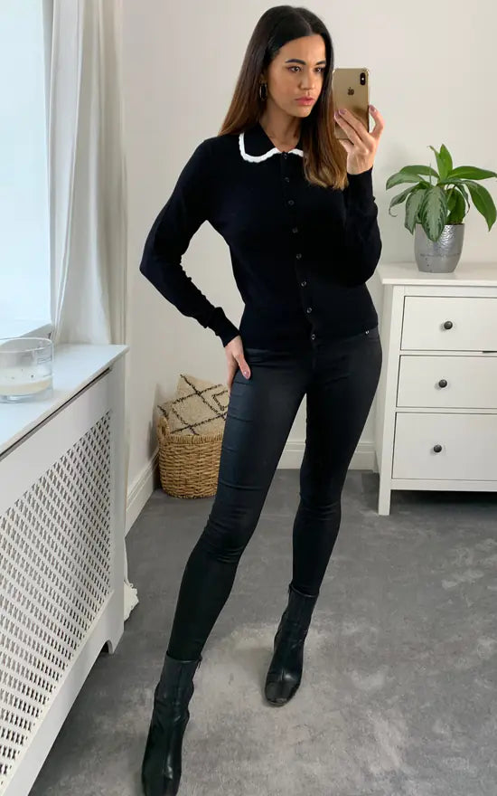 fever london Muriel Collar Detail Cardigan Colour Black And Cream