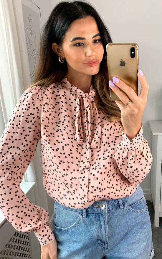 Fever London Pussybow Blouse Light Pink And Black Heart