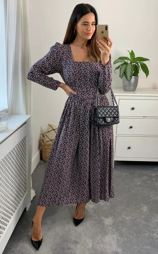 Fever London Shirred Waist Tiered Black And Pink Midi Dress