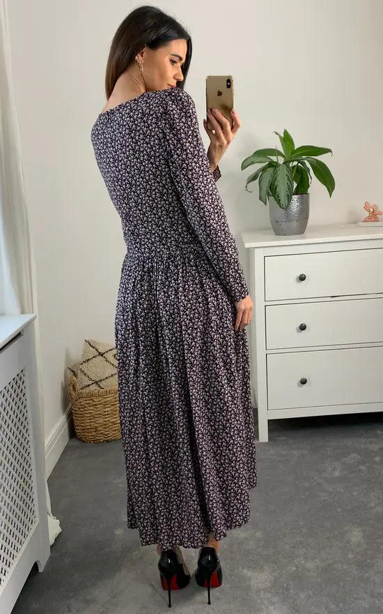 Fever London Shirred Waist Tiered Black And Pink Midi Dress