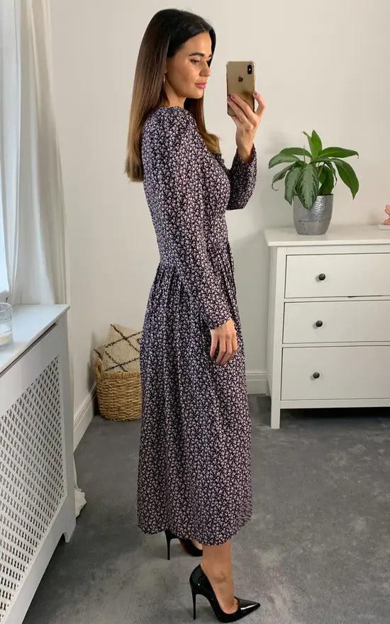 Fever London Shirred Waist Tiered Black And Pink Midi Dress