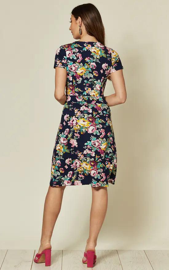 Fever London Short Sleeve Jersey Dress In Navy Floral Print