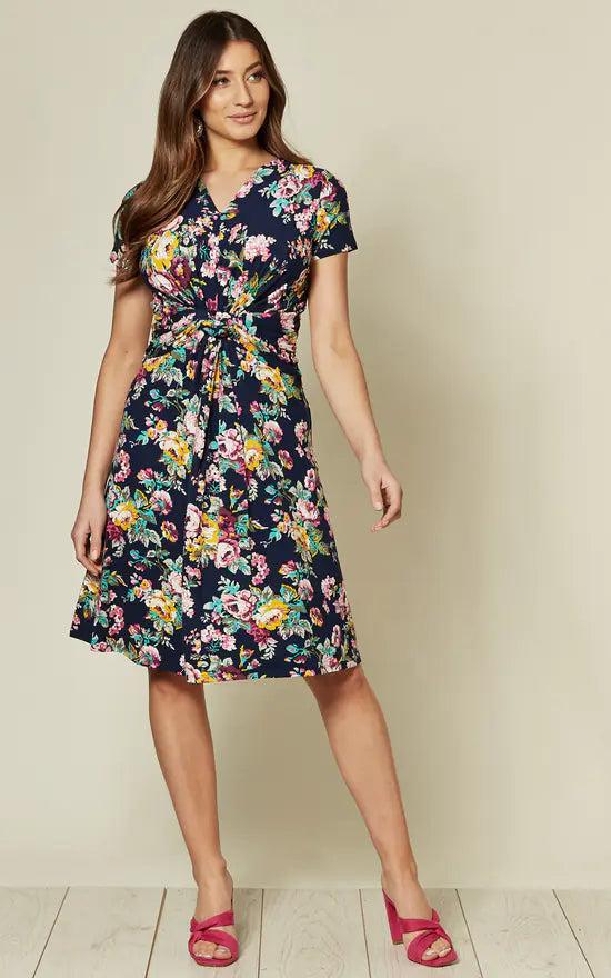 fever london Short Sleeve Jersey Dress In Navy Floral Print