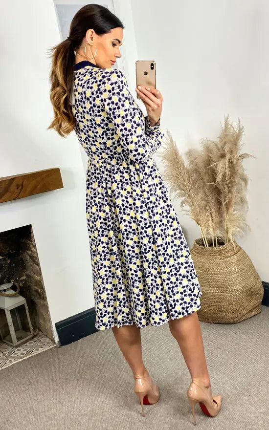 Fever London Stella Printed Button Down Dress With Neck Tie (Yellow & Black)