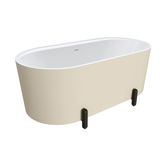 fienza Aluca Freestanding Bath 1500mm Matte Khaki with Matte Black Legs with overflow