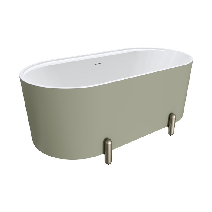 fienza Aluca Freestanding Bath 1500mm Matte Olive with Brushed Nickel Legs with overflow