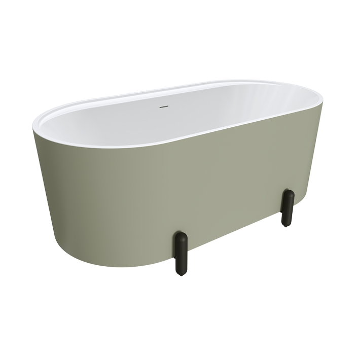 fienza Aluca Freestanding Bath 1500mm Matte Olive with Matte Black Legs with overflow