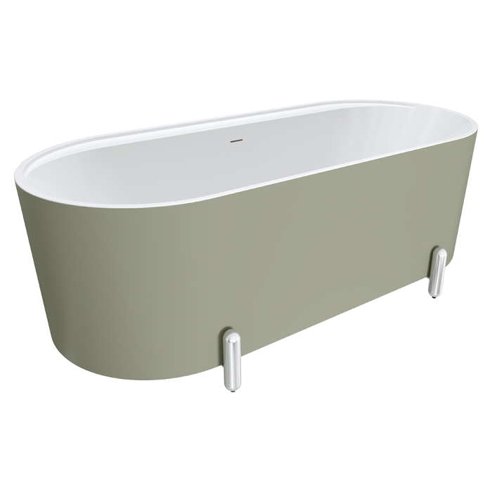 fienza Aluca Freestanding Bath 1700mm Matte Olive with Chrome Legs with overflow