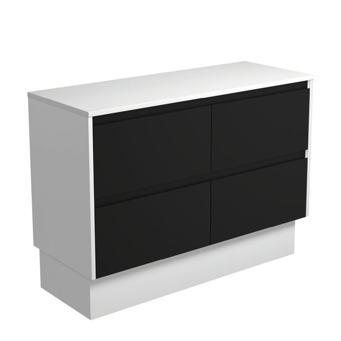 fienza Amato Satin Black 1200 Cabinet on Kickboard Satin White Panels