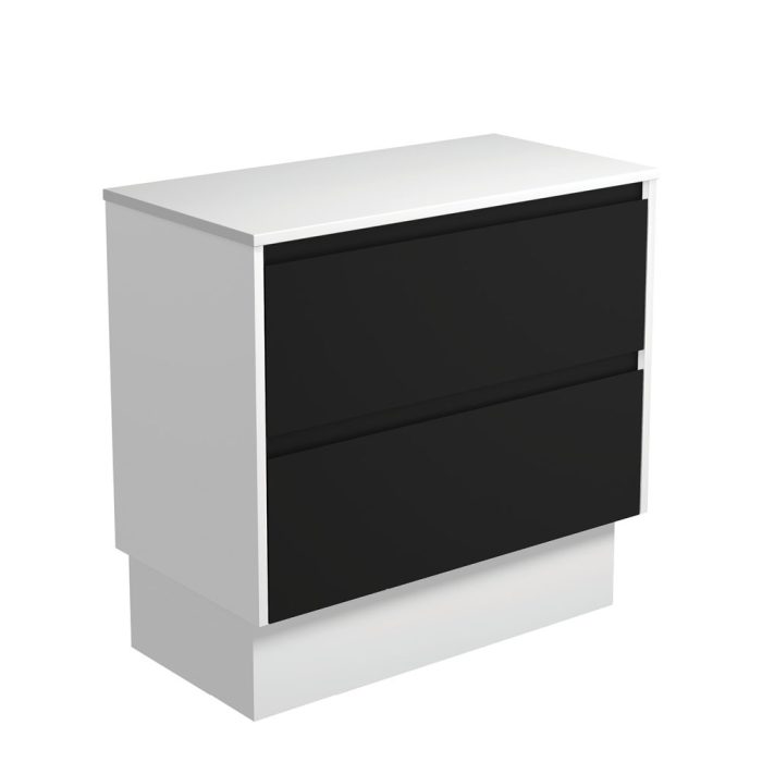 fienza Amato Satin Black 900 Cabinet on Kickboard Satin White Panels