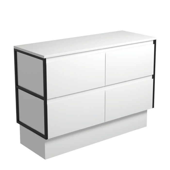 fienza Amato Satin White 1200 Cabinet on Kickboard Matte Black Frames