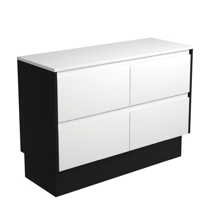 fienza Amato Satin White 1200 Cabinet on Kickboard Satin Black Panels