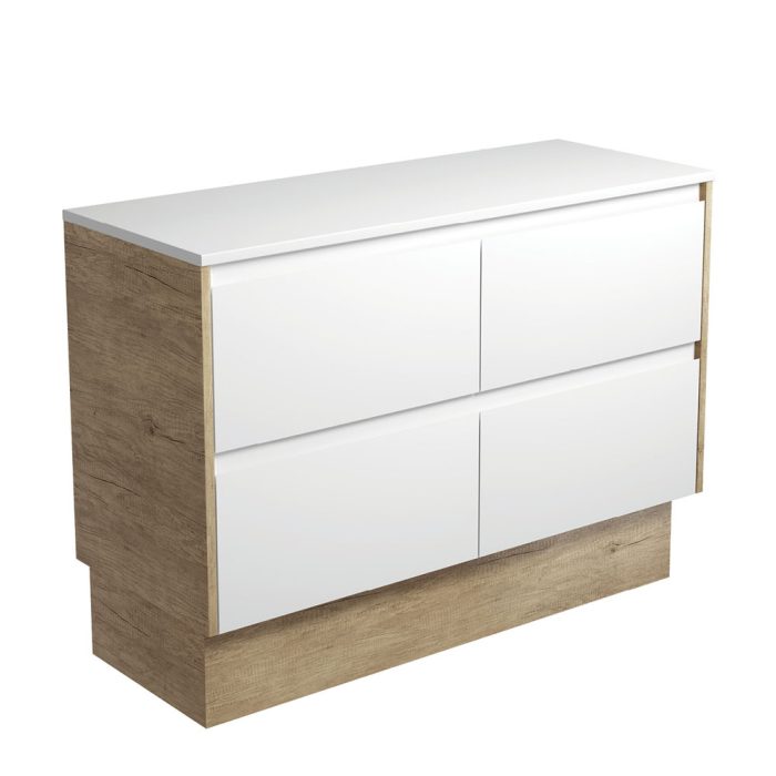 fienza Amato Satin White 1200 Cabinet on Kickboard Scandi Oak Panels