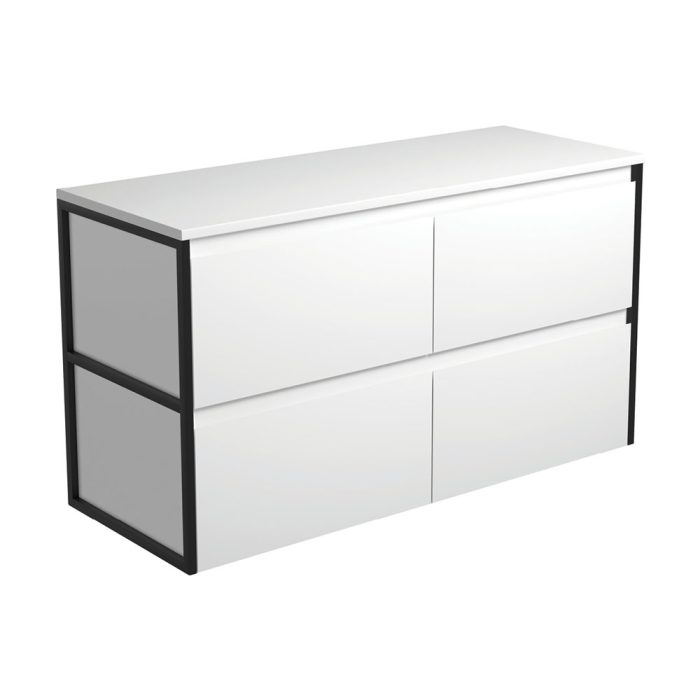 fienza Amato Satin White 1200 Wall-Hung Cabinet Matte Black Frames