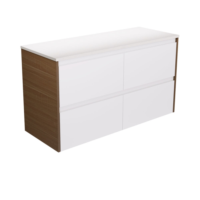 fienza Amato Satin White 1200 Wall Hung Cabinet Walnut Panels