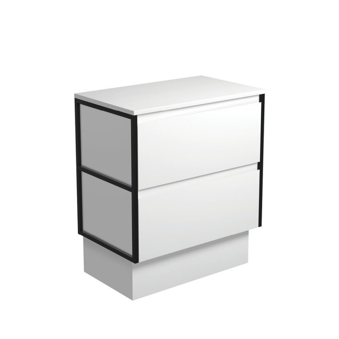 fienza Amato Satin White 750 Cabinet on Kickboard Matte Black Frames
