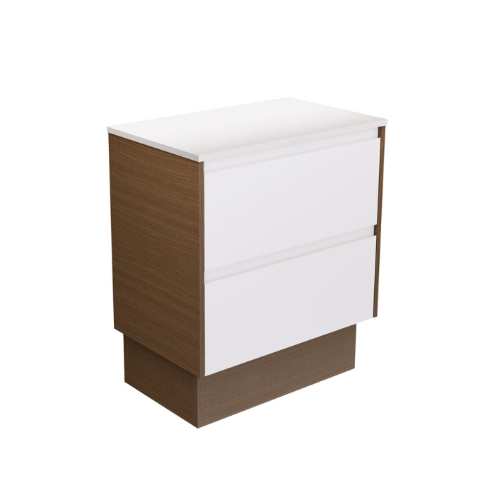 fienza Amato Satin White 750 Cabinet on Kickboard Walnut Panels