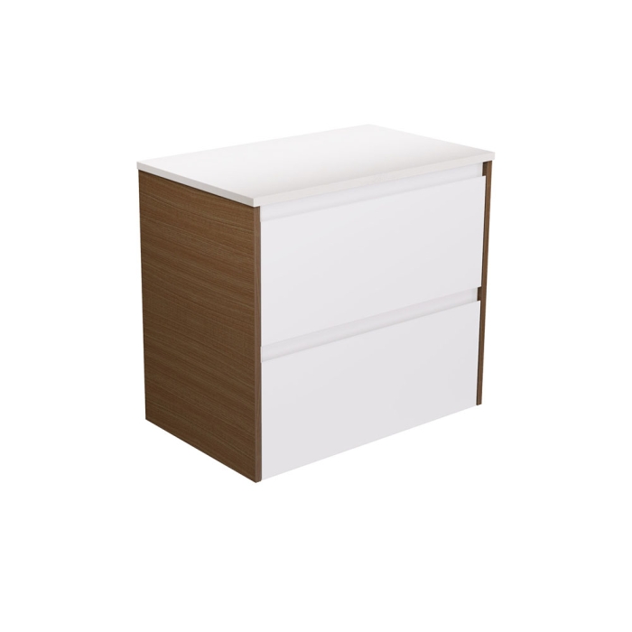 fienza Amato Satin White 750 Wall Hung Cabinet Walnut Panels