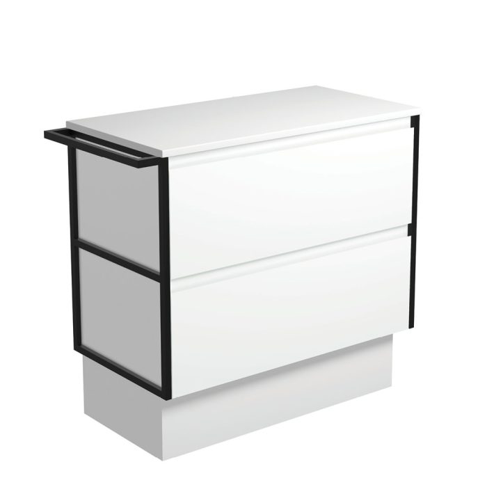 fienza Amato Satin White 900 Cabinet on Kickboard 1 Frame & 1 Towel Rail