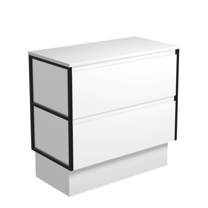 fienza Amato Satin White 900 Cabinet on Kickboard Matte Black Frames