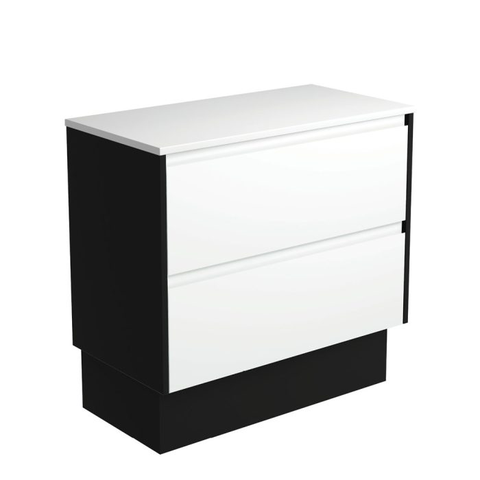 fienza Amato Satin White 900 Cabinet on Kickboard Satin Black Panels
