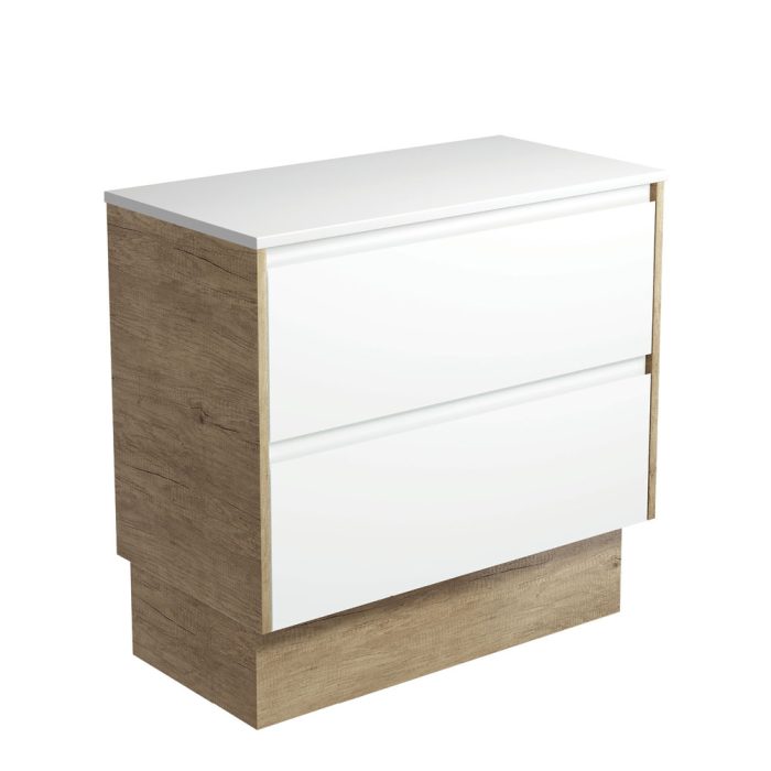 fienza Amato Satin White 900 Cabinet on Kickboard Scandi Oak Panels