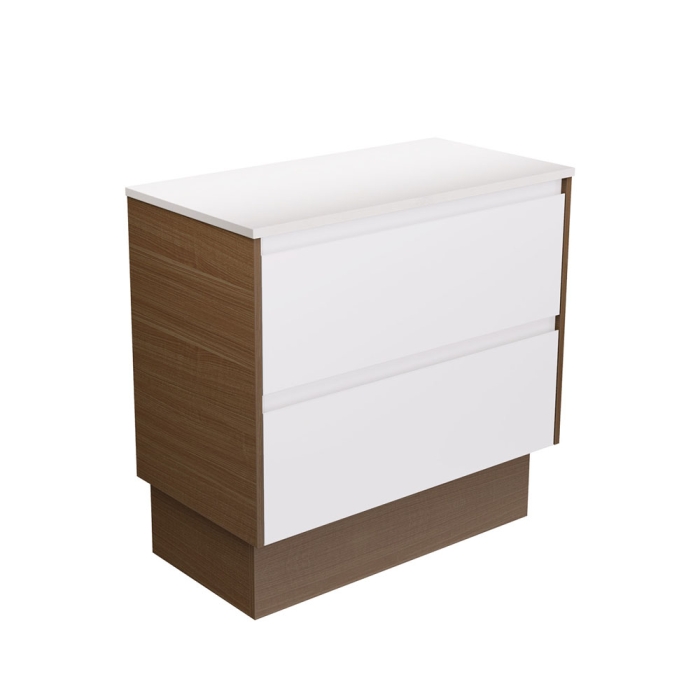 fienza Amato Satin White 900 Cabinet on Kickboard Walnut Panels