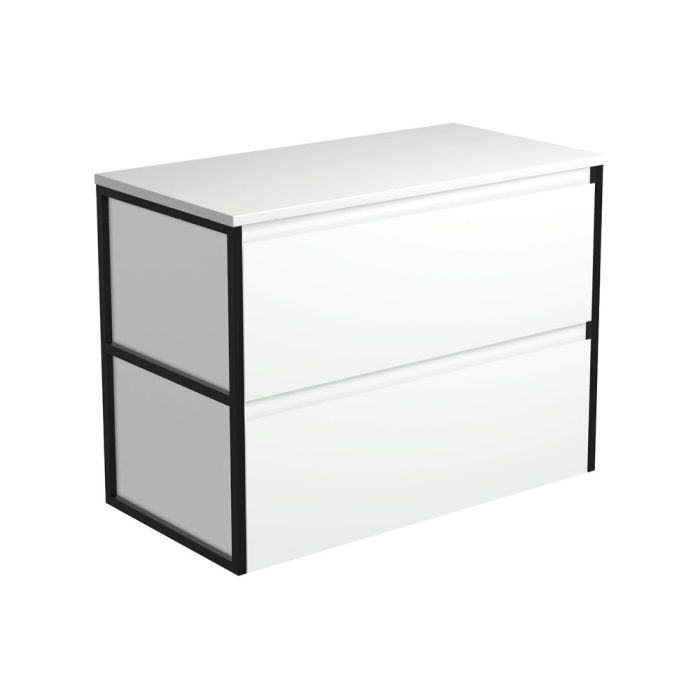 fienza Amato Satin White 900 Wall-Hung Cabinet Matte Black Frames