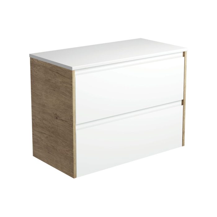 fienza Amato Satin White 900 Wall-Hung Cabinet Scandi Oak Panels