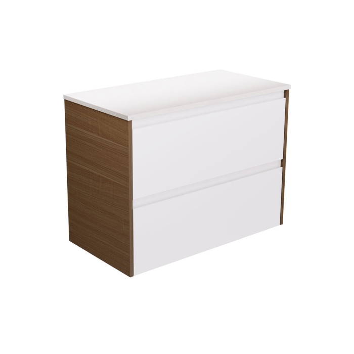 fienza Amato Satin White 900 Wall Hung Cabinet Walnut Panels
