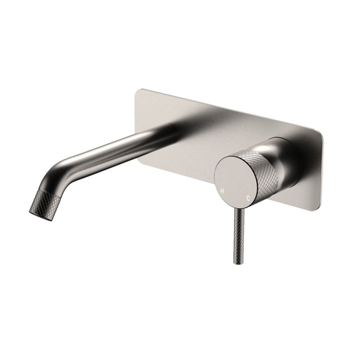 fienza Axle Wall Basin/Bath Mixer Set Rectangular Plate 160mm Outlet Brushed Nickel