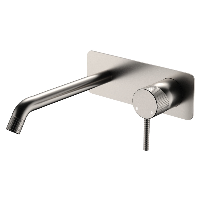 fienza Axle Wall Basin/Bath Mixer Set Rectangular Plate 200mm Outlet Brushed Nickel