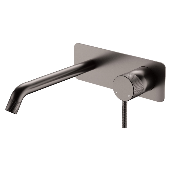 fienza Axle Wall Basin/Bath Mixer Set Rectangular Plate 200mm Outlet Gun Metal