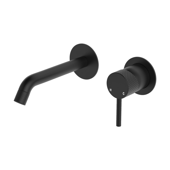 fienza Axle Wall Basin/Bath Mixer Set Round Plates 160mm Outlet Matte Black