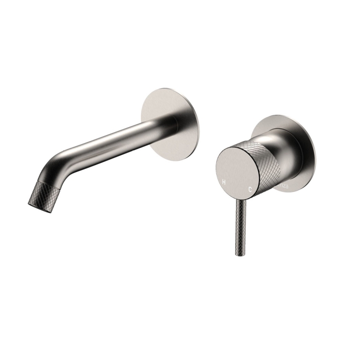fienza Axle Wall Basin/Bath Mixer Set Round Plates 160mm Outlet Brushed Nickel